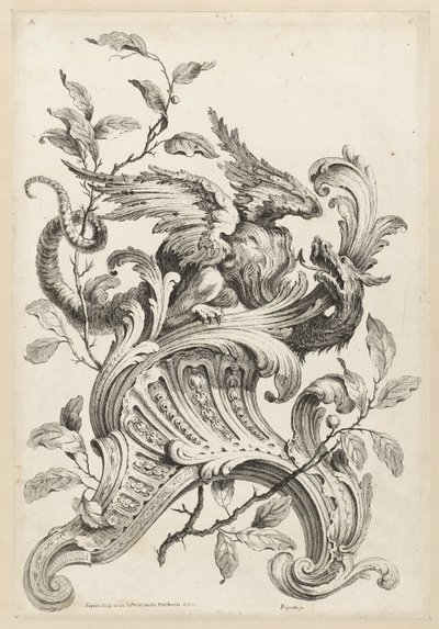 Winged Griffon on a Rocaille Bracket, from Premiere Partie Diverse Ornements by Alexis Peyrotte